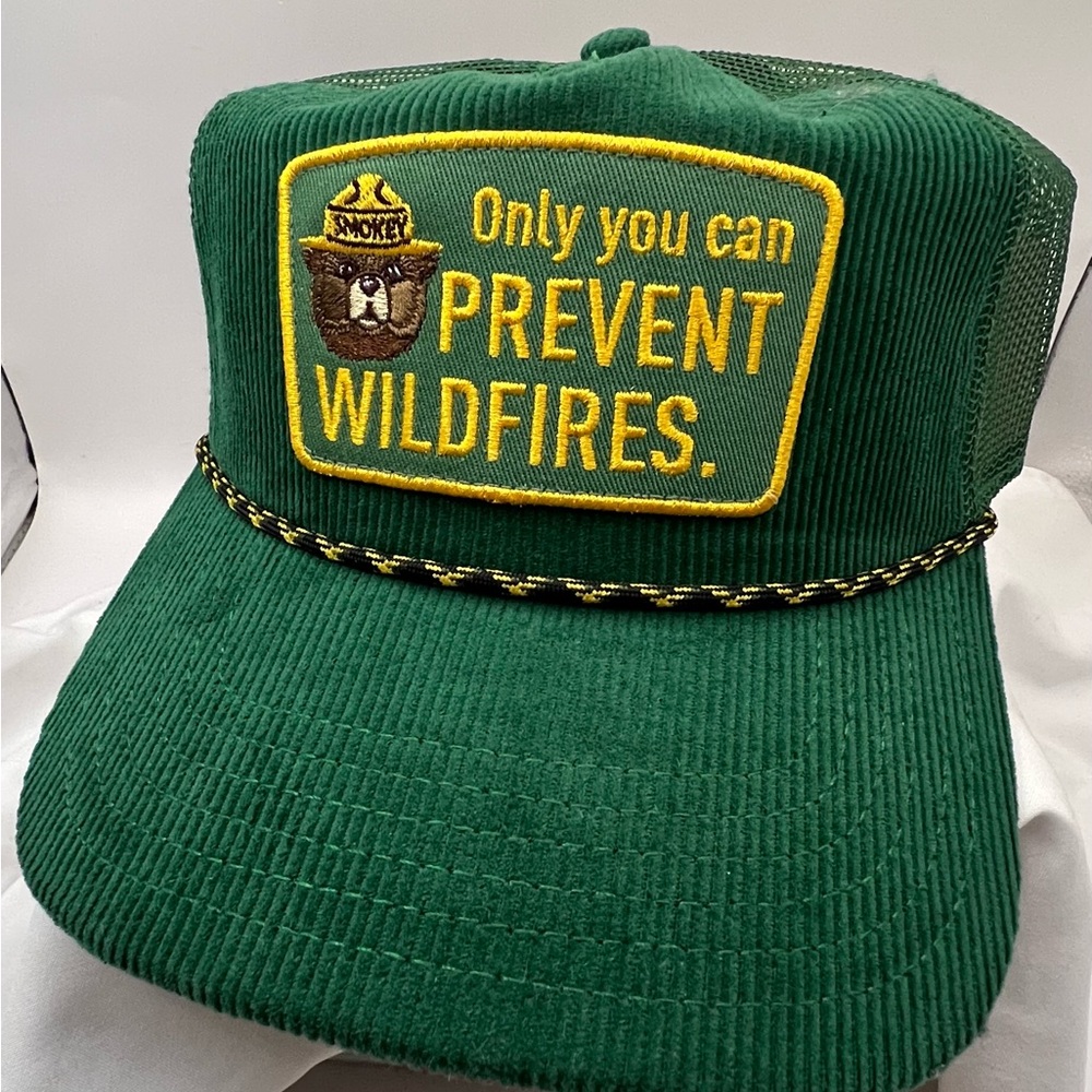 NEW- Smokey Bear Cap Hat Only You Can Prevent Wildfires Vintage Corduroy Green